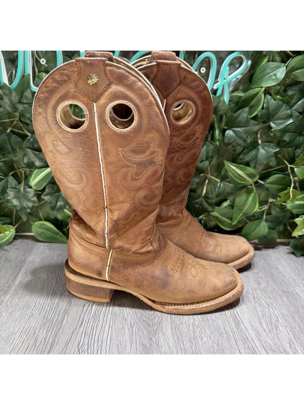 Trend Queen Tombstone Boots Brown Leather Embroidered Western Pull On US 6